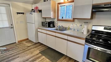 A compact kitchen with a refrigerator, microwave, stove, and sink.