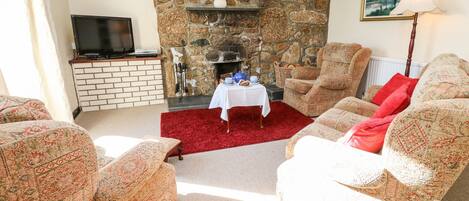 A living room with patterned sofas, a red rug, a stone wall, a fireplace, and a television.