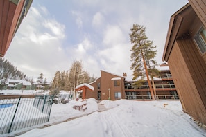 Un espacio al aire libre cubierto de nieve, con una piscina, un edificio de madera y un alto pino.