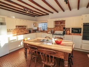 Fridge, electric kettle, cookware/dishes/utensils