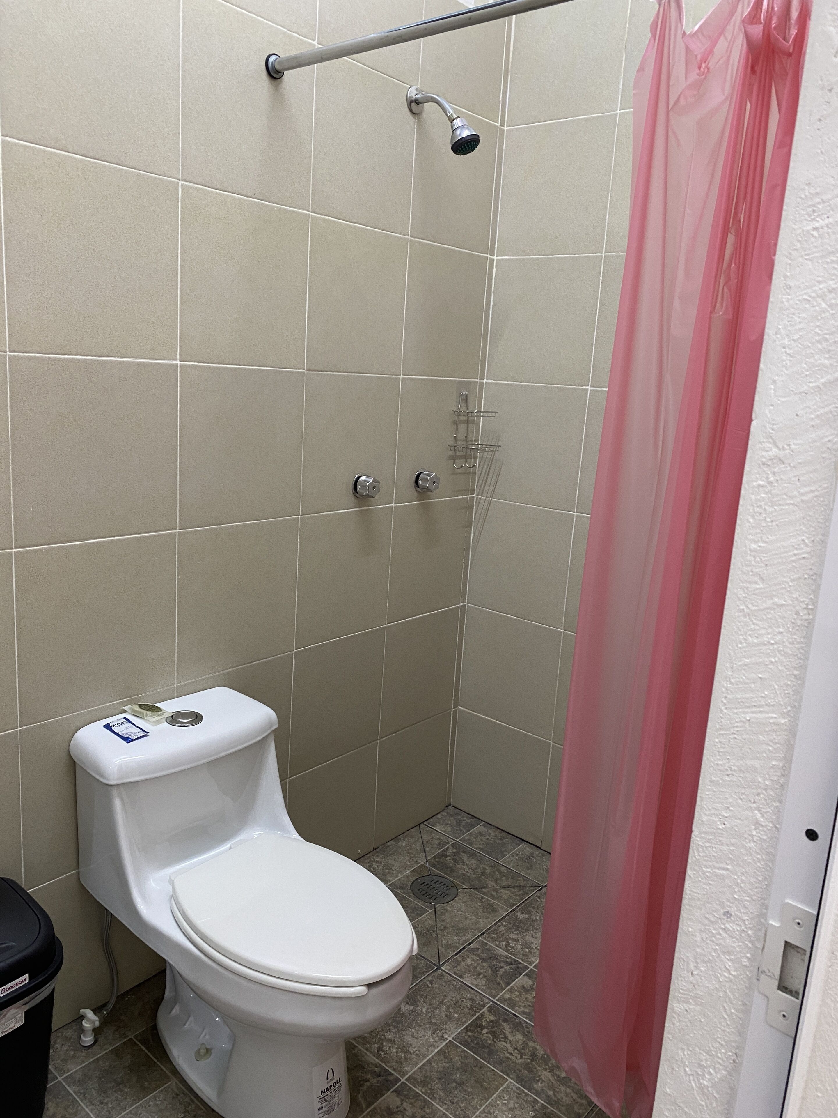 Un baño pequeño con inodoro, ducha y cortina.
