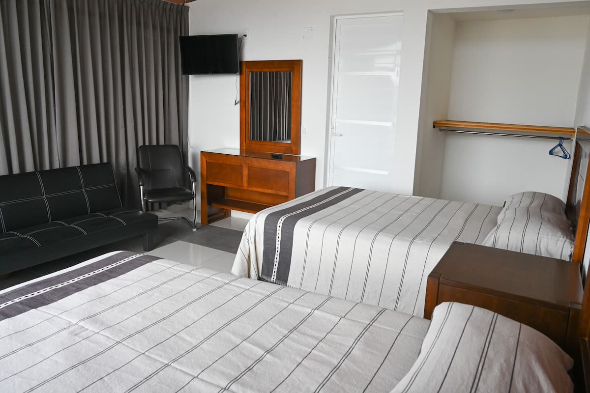 A hotel room with two beds, a sofa, a desk, a TV, and a wardrobe.