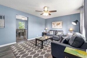 Large living room with seating for 5+. Message us for more information about discounted extended stays.