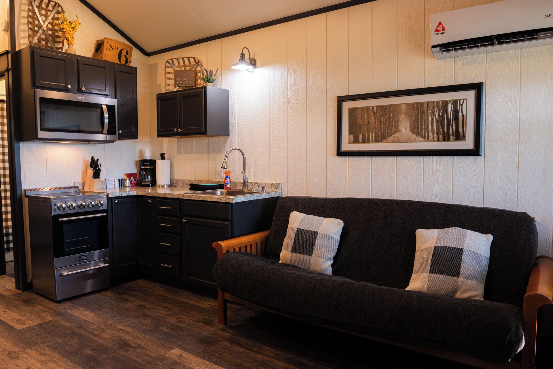 A compact kitchen with a microwave, stove, and sink. There is a framed picture on the wall and a dark sofa with cushions.