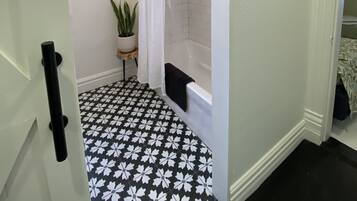Hair dryer, towels, soap, shampoo