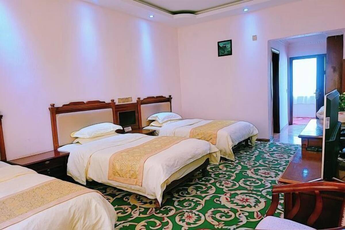 A hotel room with two beds, a television, and a green patterned carpet.