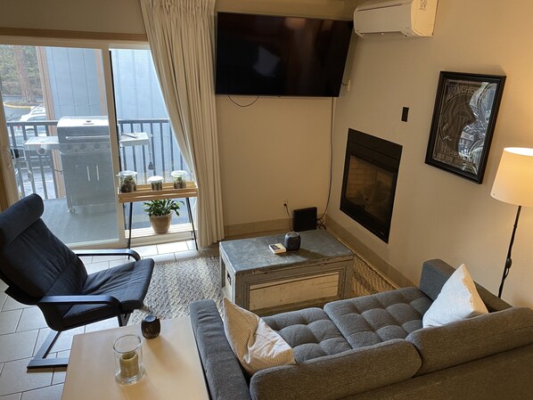 Smart TV, fireplace, books, printers