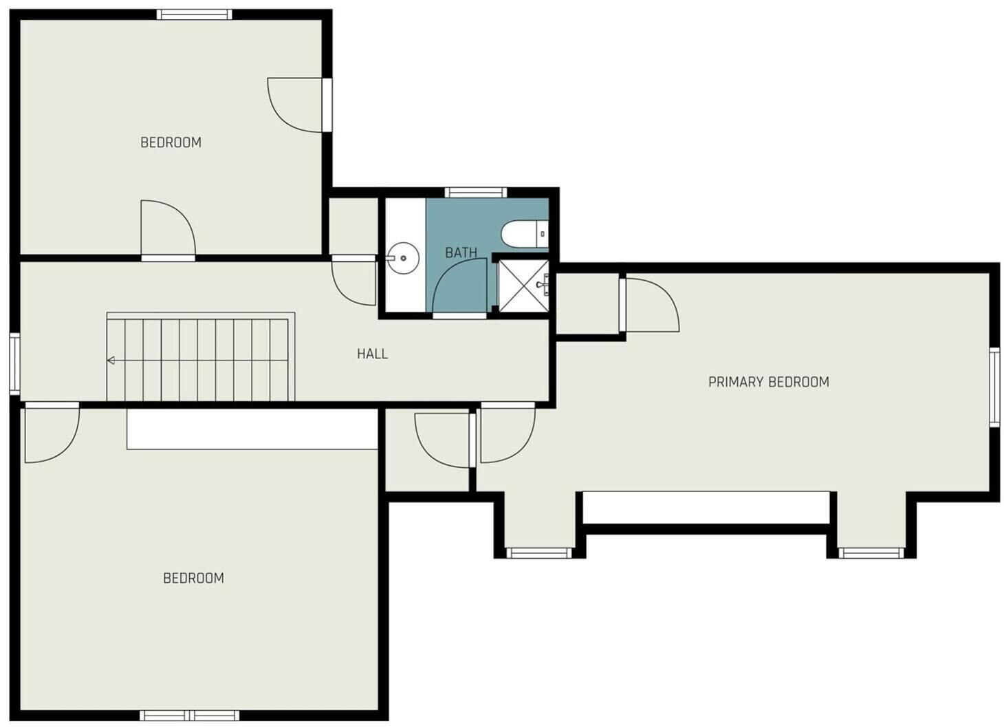 Ein Grundriss mit einem Hauptschlafzimmer, zwei kleineren Schlafzimmern, einem Badezimmer, einer Diele und einem Wohnbereich.