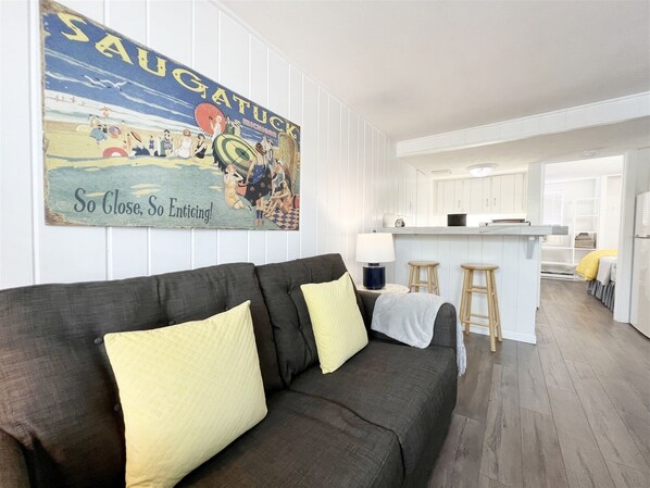 TV, DVD player - At Ease: Cozy Downtown Saugatuck Retreat w/ Balcony, Walk to Shops & Restaurants (Saugatuck)