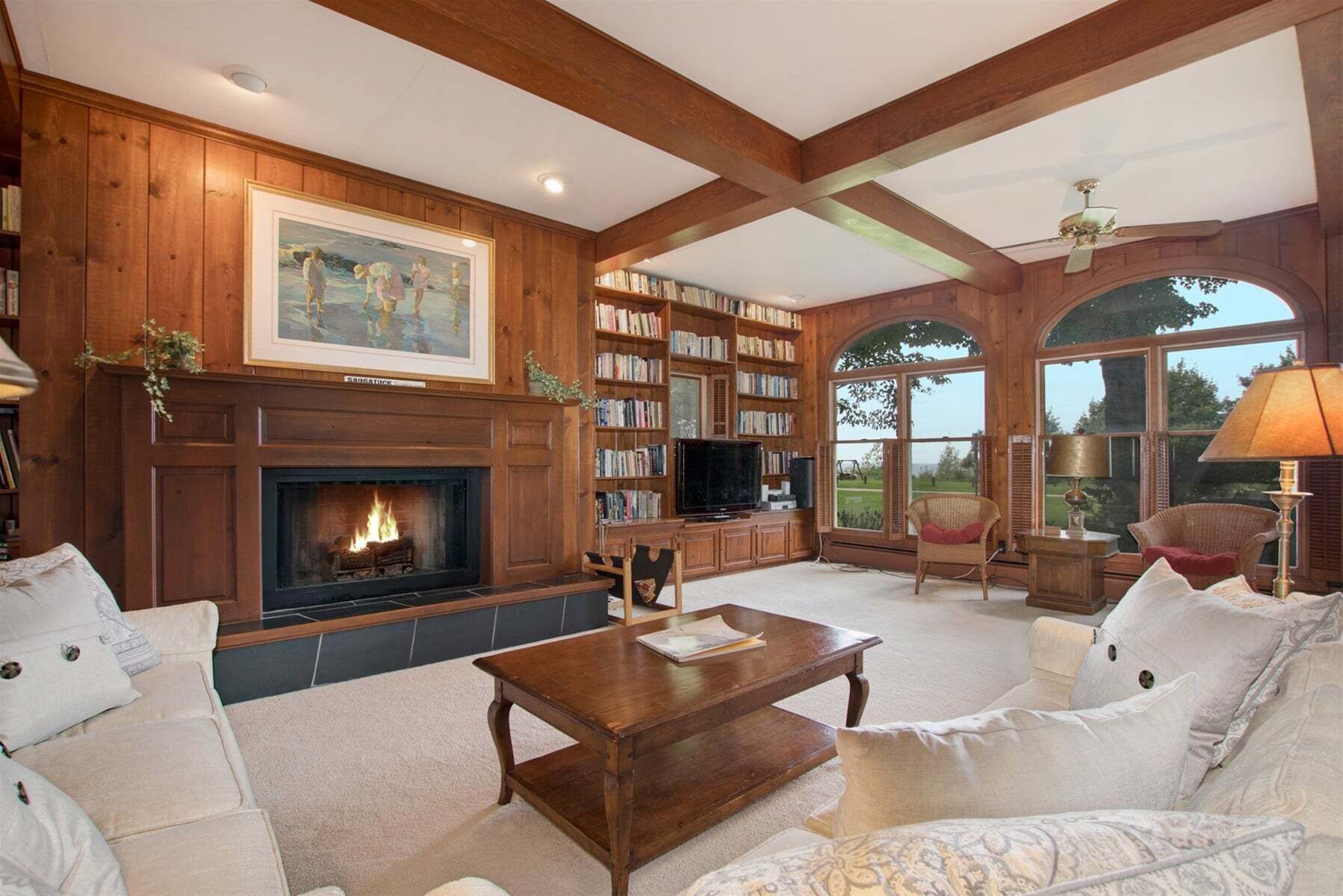 Una sala de estar con chimenea, estanterías, televisor y un amplio ventanal.