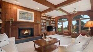 A living room with a fireplace, bookshelves, a television, and a large window.