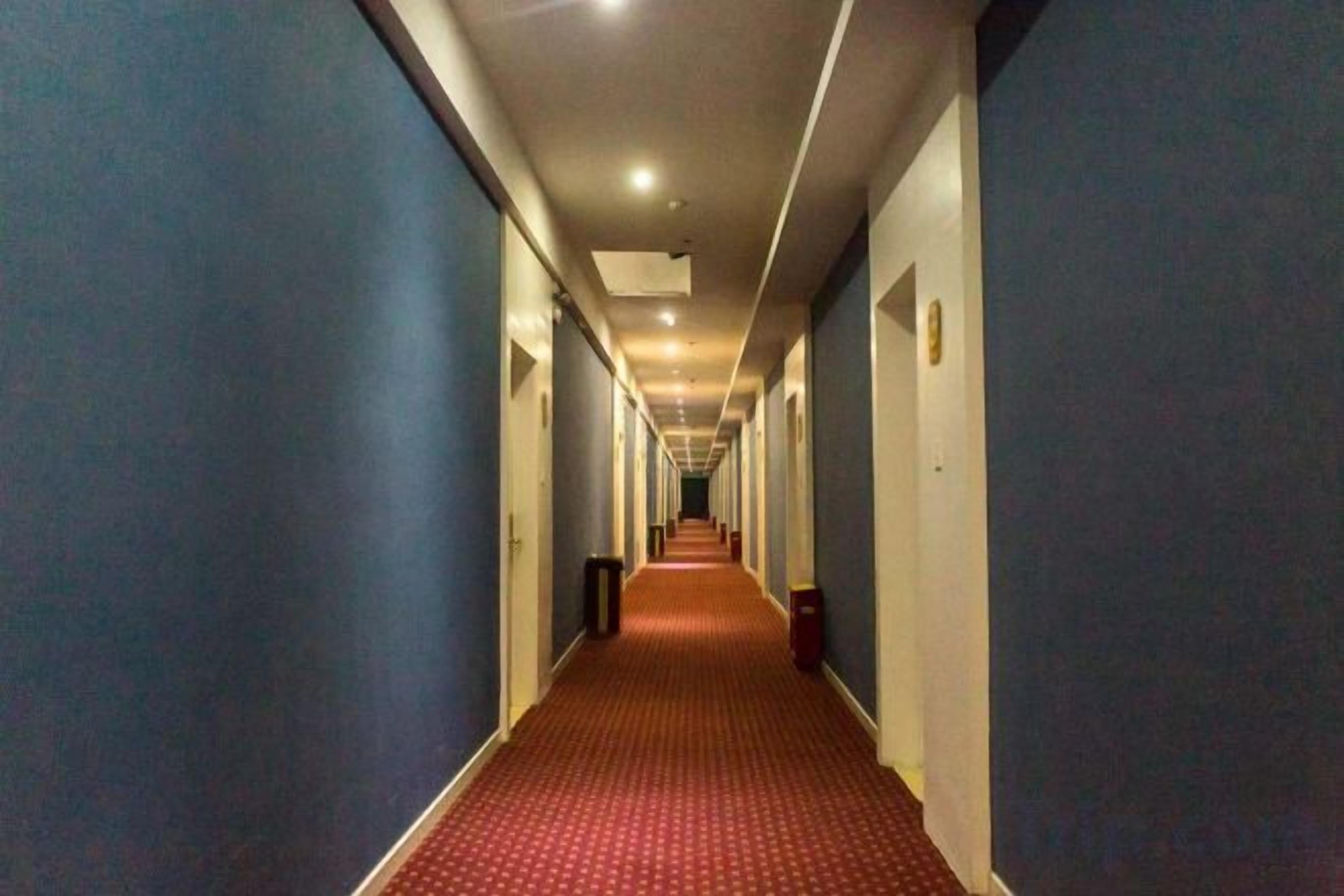 Passadís d'hotel amb una catifa vermella, parets blaves i portes a banda i banda.