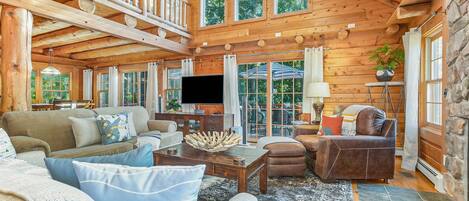 Televisión de pantalla plana, chimenea y reproductor de DVD