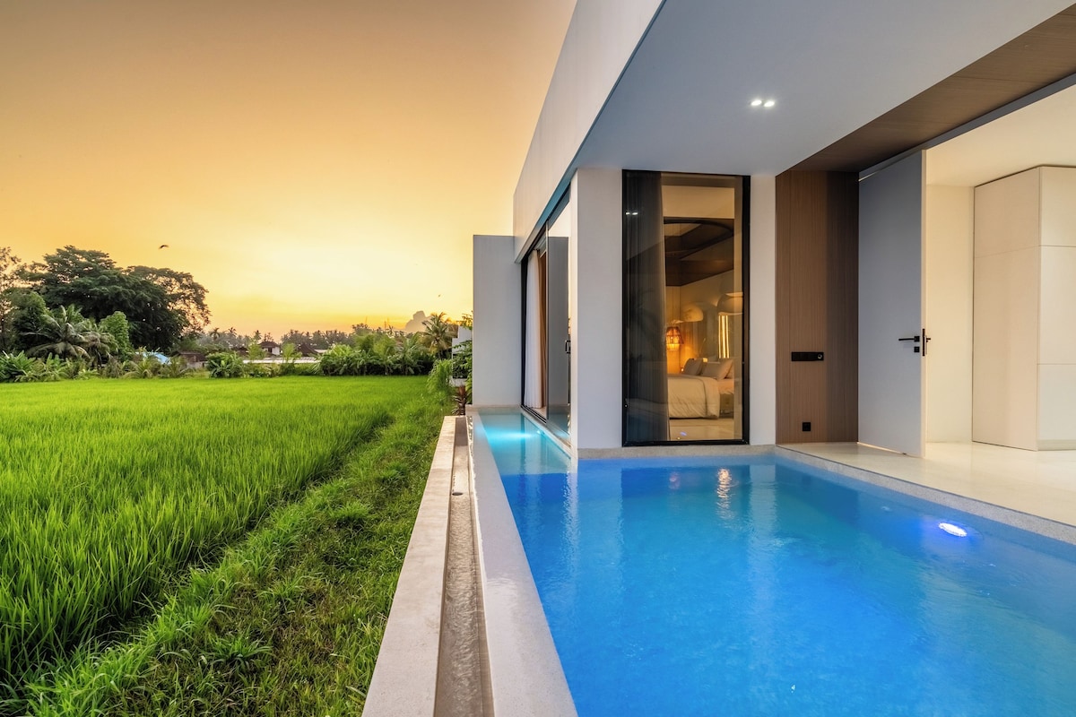 A modern house with a swimming pool, a glass door leading to a room, and a view of a green field.
