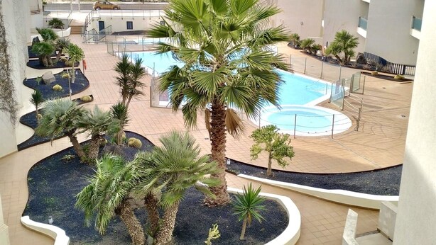 A pool area with palm trees and a view of the ocean. - Beachfront apartment, with sea and pool view, in El Cotillo, Fuerteventura (El Cotillo, La Oliva)