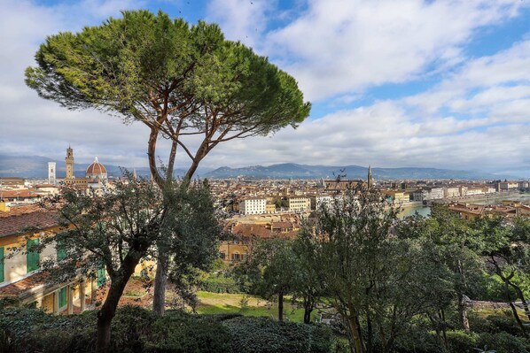A panoramic view of a city with historic buildings, a prominent dome, and a river. - Florence in the Window (Florence)