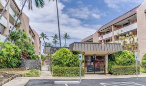 Entrada de hotel con paseo techado, palmeras y cielo despejado.