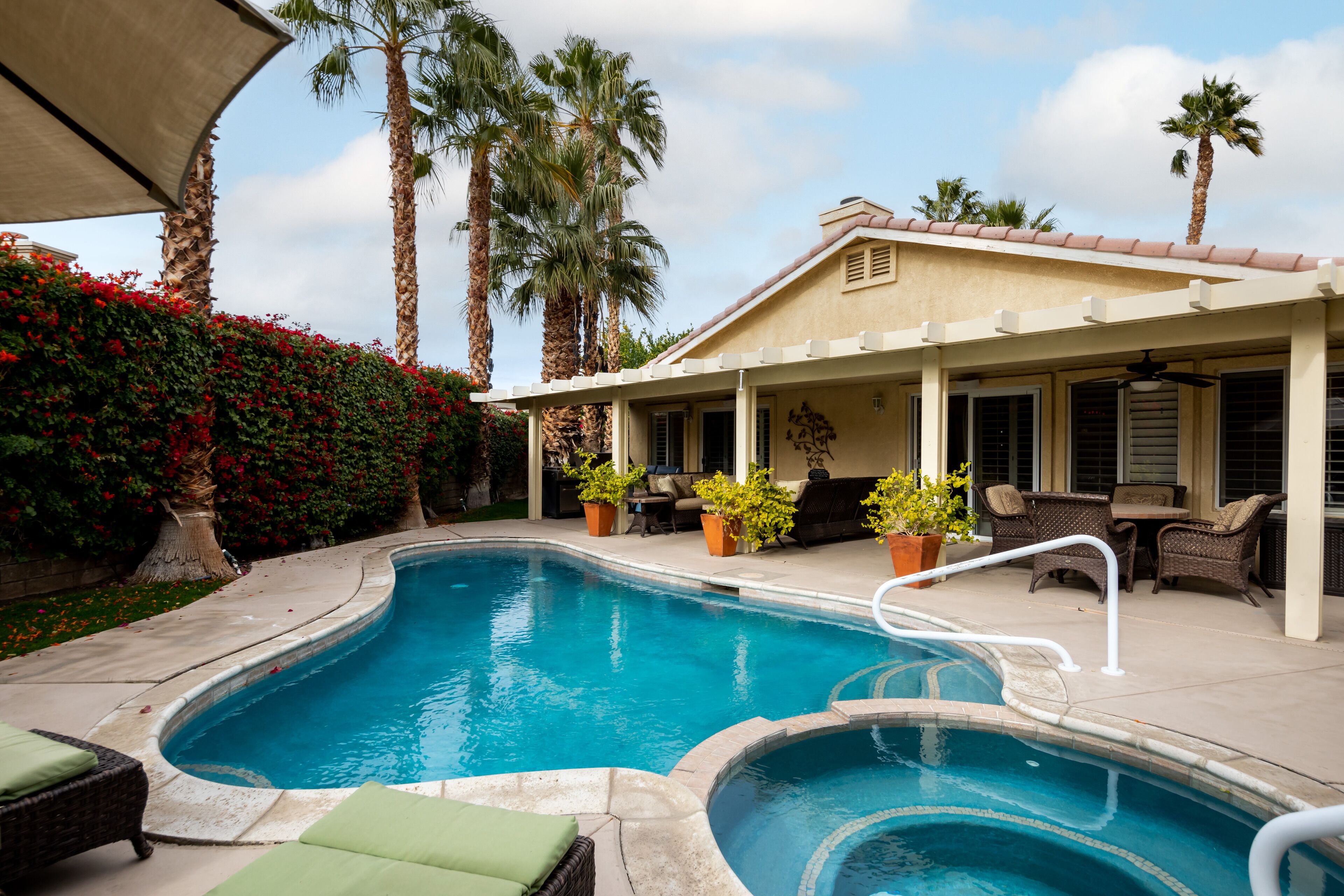 Outdoor pool, pool umbrellas, pool loungers