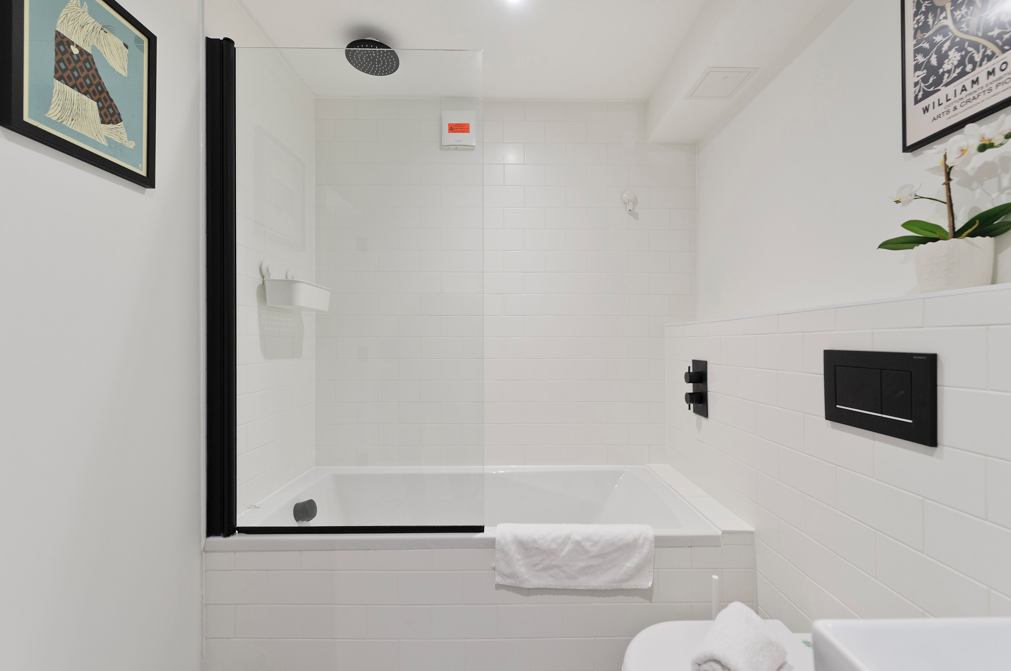 A modern bathroom with a glass-enclosed shower, a white bathtub, and a toilet.