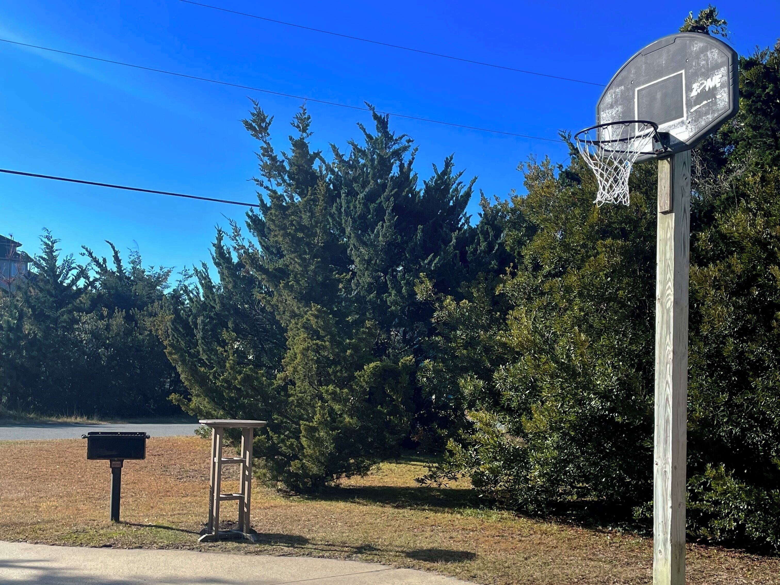 A basketball hoop with a wooden post and a metal backboard, set against a backdrop of trees and a clear blue sky.