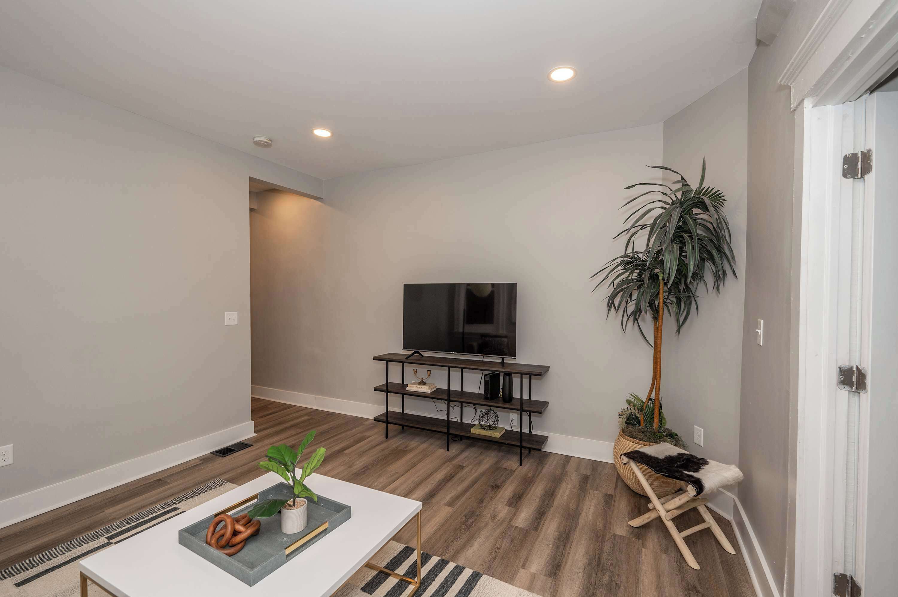A modern living room with a flat-screen TV on a black TV stand, a wooden floor, a white wall, and a large potted plant.