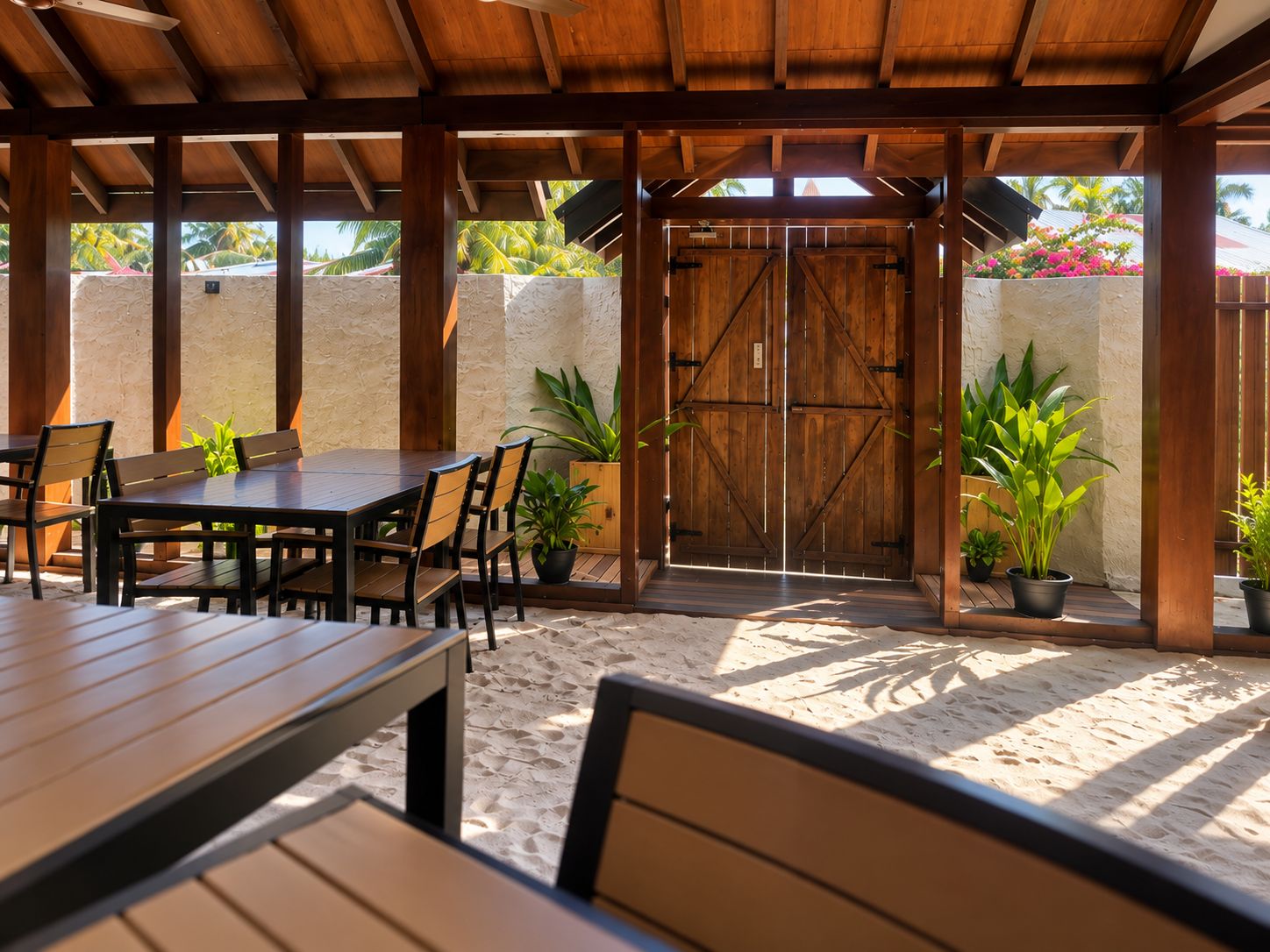 An outdoor patio with a wooden table and chairs, surrounded by potted plants and a stone wall.