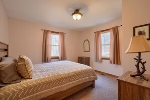 A bedroom with a bed, two windows with curtains, a ceiling light, a bedside table with a lamp, and a framed picture on the wall.