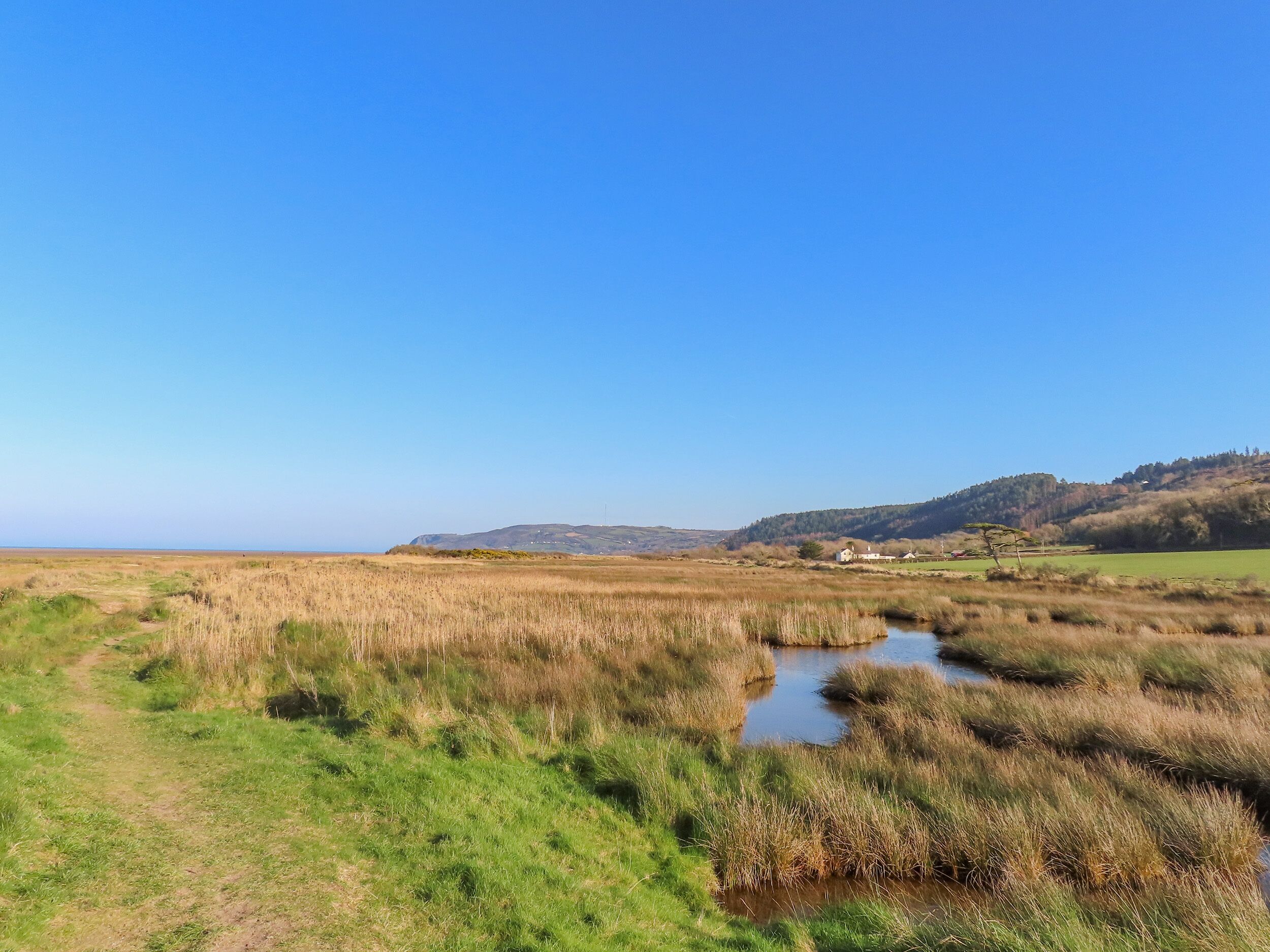 A rural landscape with a clear sky, a small stream, and distant hills.