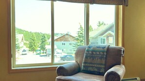 Un sillón de cuero con una manta estampada, situado frente a una ventana con vistas a una zona residencial.