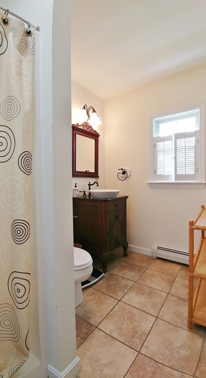 Combined shower/tub, hair dryer, towels