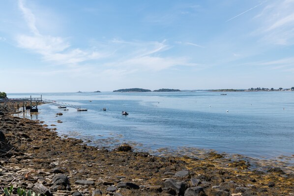 Un rivage rocheux bordé d’une eau calme, avec des îles lointaines et un ciel dégagé.