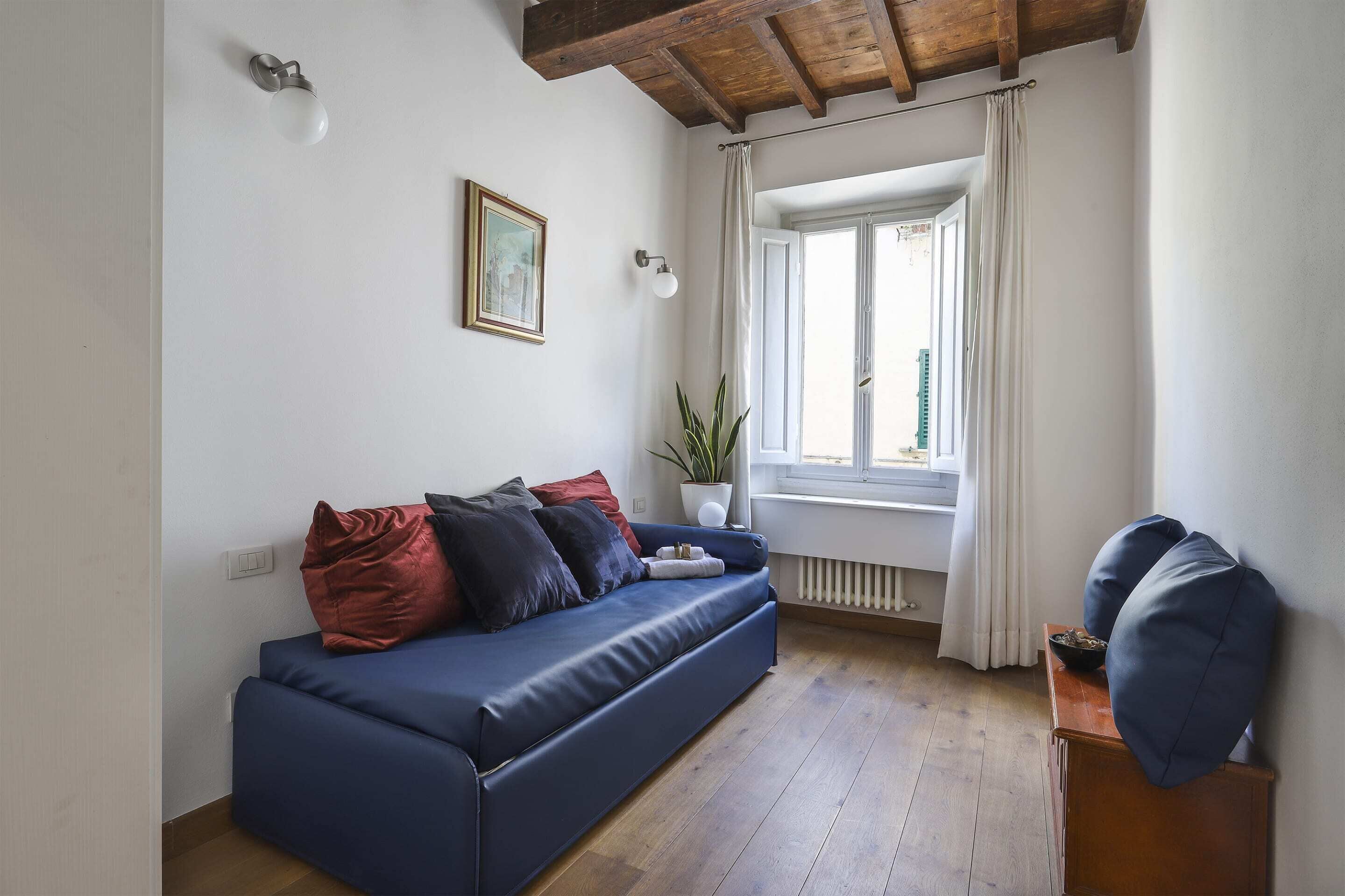 A living room with a blue sofa, a potted plant, and a window with curtains.