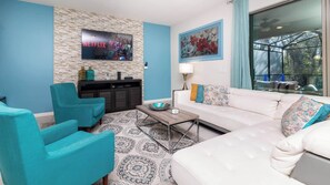 House, Multiple Beds, Private Pool, Pool View (Blue Bengal Paradise) | Living area | 50-inch TV with cable channels, video-game console