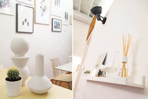 Two stylish rooms with minimalist decor, featuring a clean aesthetic and modern design.