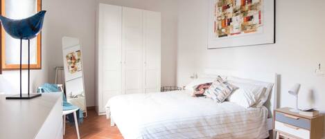 1 bedroom, desk, iron/ironing board, bed sheets