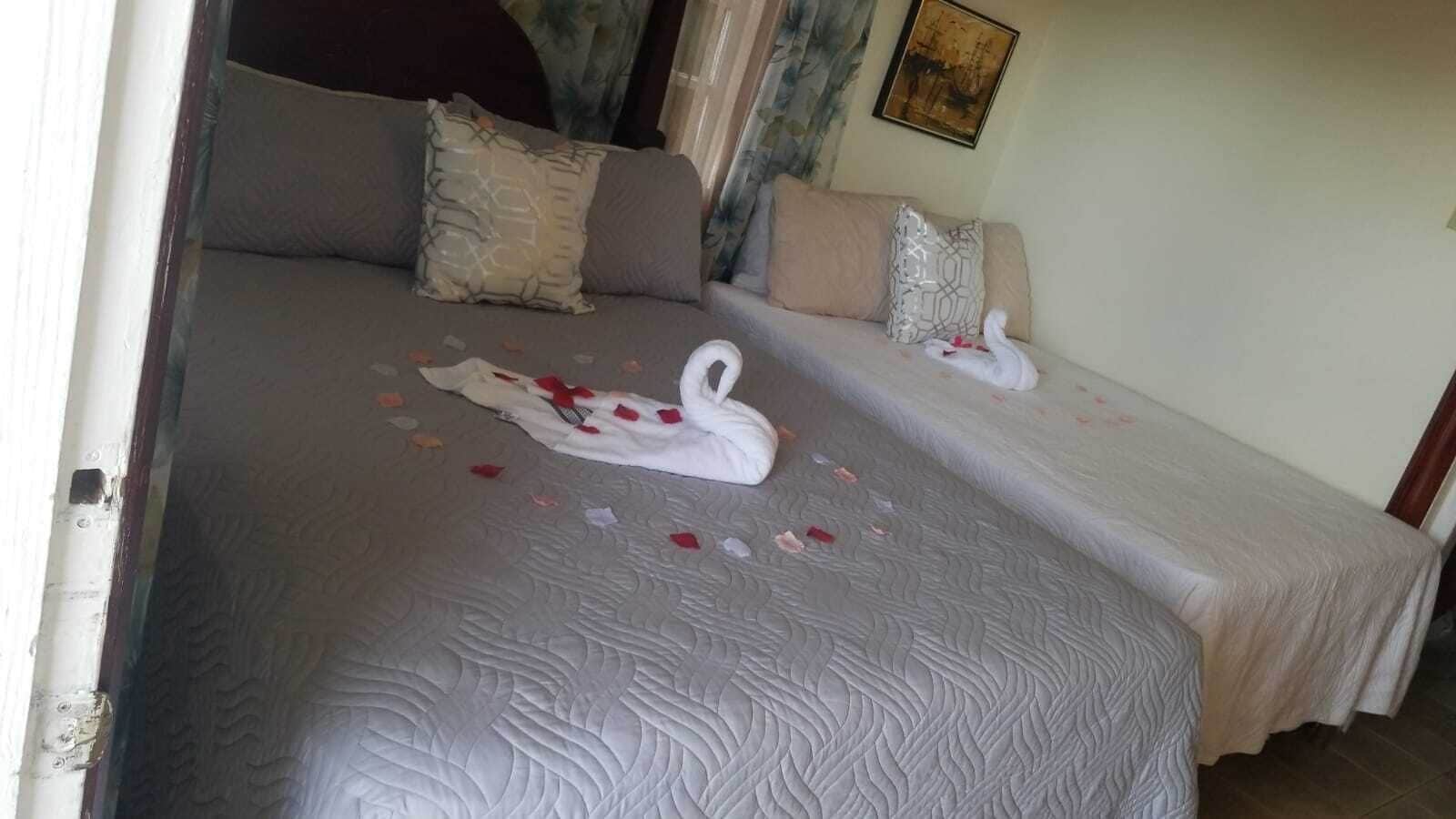 Habitación de hotel con dos camas, cada una con una colcha y almohadas blancas.