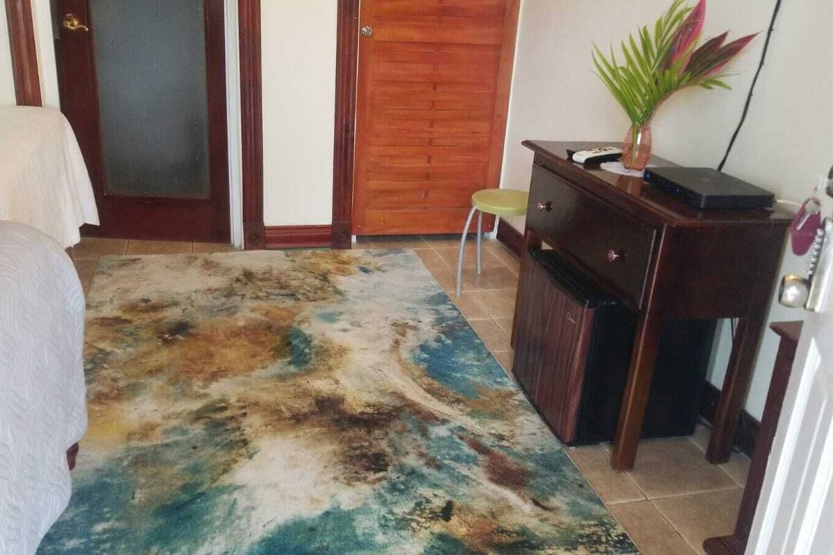 A bedroom with a bed, a desk, a chair, and a door.