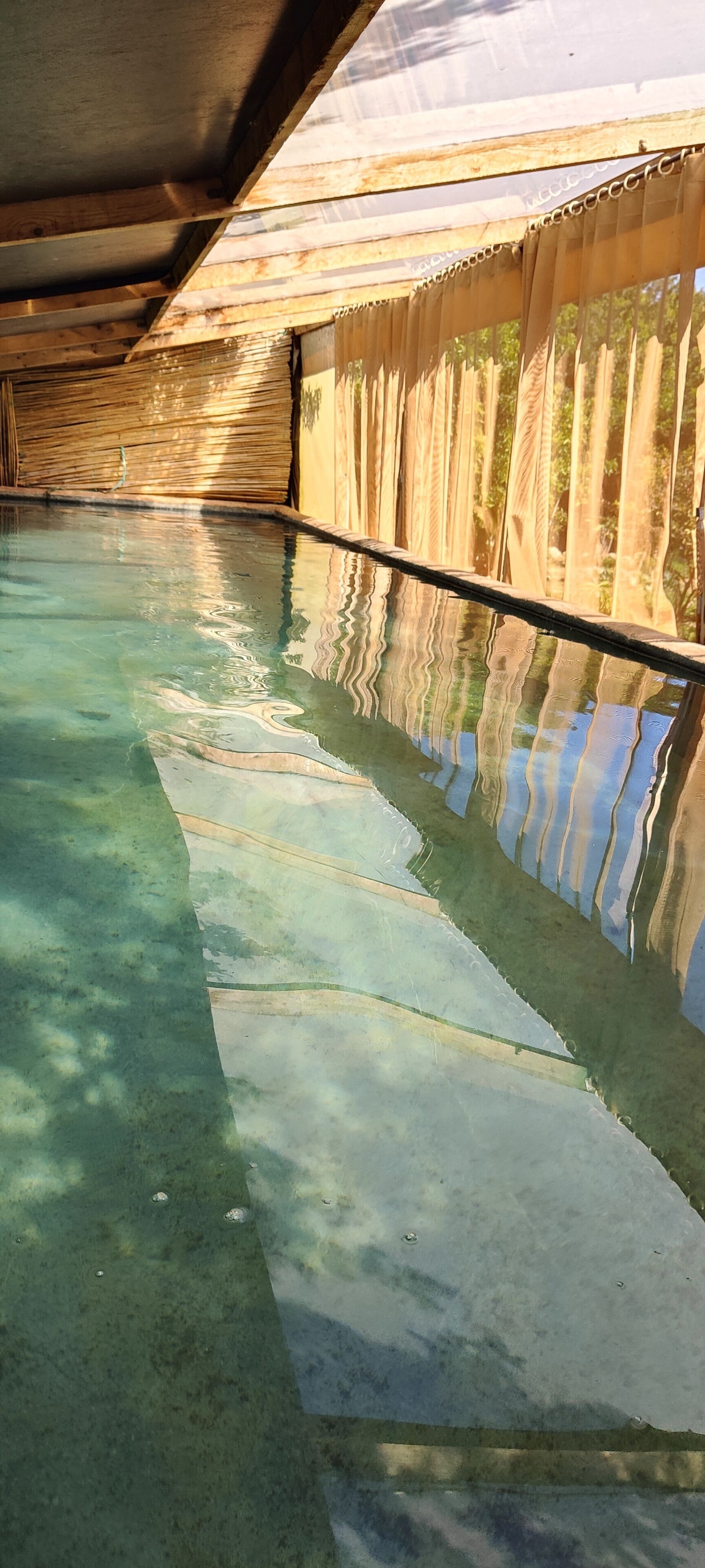 Una piscina techada, sillones reclinables de piscina