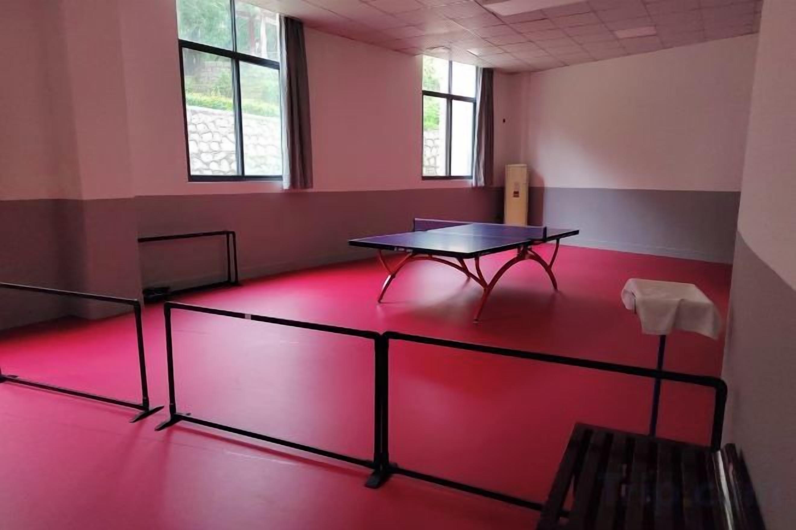 A room with a ping pong table, a small table, and a bench.