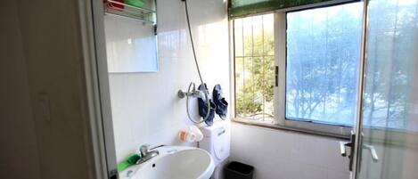 A bathroom with a sink, mirror, shower, and window.