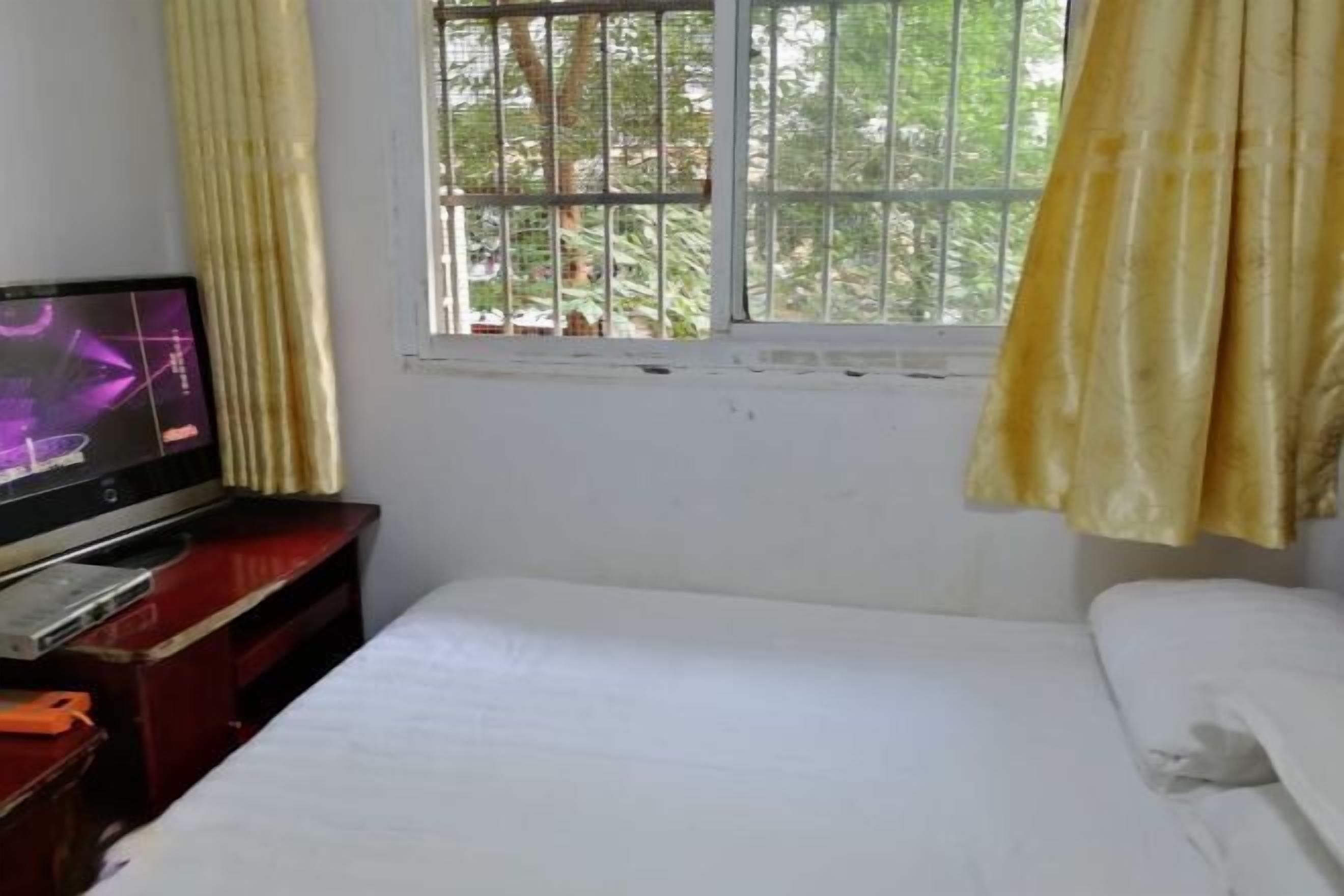A hotel room with a bed, a TV on a wooden stand, a window with a view of trees, and curtains.