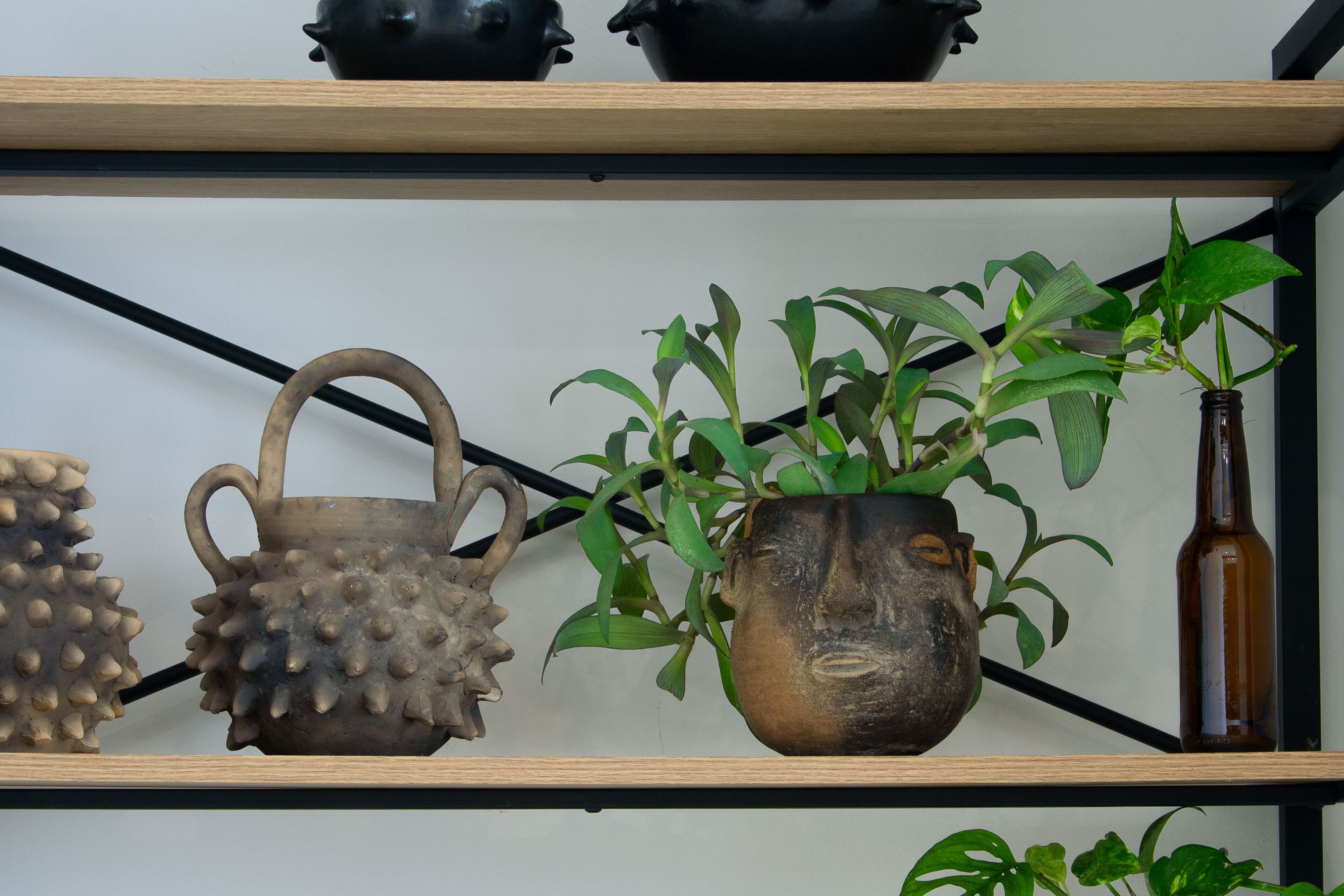 A shelf with various decorative items including a spiky pot, a plant in a pot, and a bottle.