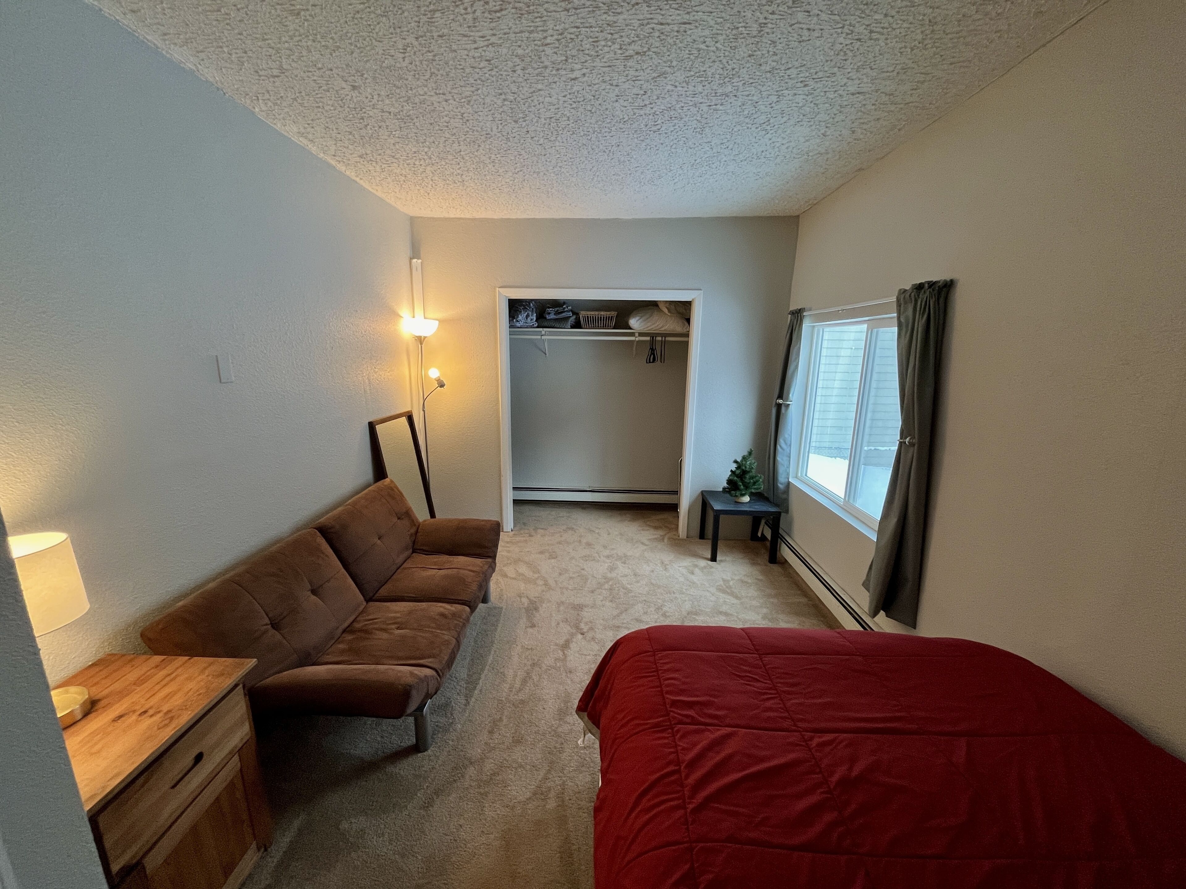 A bedroom with a brown sofa, a red bed, a wooden nightstand, a lamp, a closet, and a window with curtains.