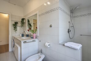 Basic-Apartment, 1 Doppelbett und Schlafsofa | Badezimmer | Dusche, umweltfreundliche Kosmetikartikel, Seife, Shampoo