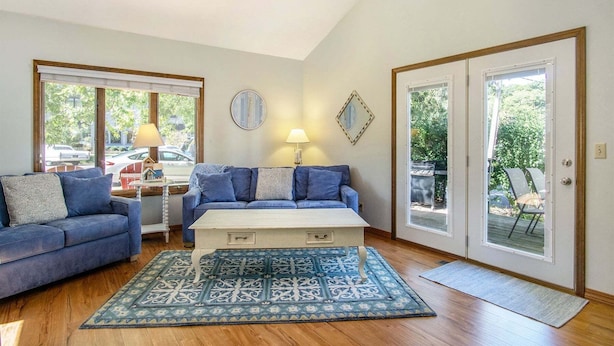A living room with a blue sofa, a white coffee table, a patterned rug, a ceiling fan, and a view through a glass door. - Driftwood: Downtown Saugatuck Home, Walk to Shops & Restaurants, Dog-Friendly (Saugatuck)