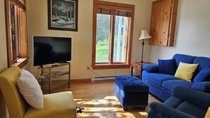 A living room with a TV, a blue sofa, a yellow armchair, and a window with a view of greenery. - Oceanfront Garden Cottage - Gateway to Attractions & Towns. Private Cove Mooring (Chester)