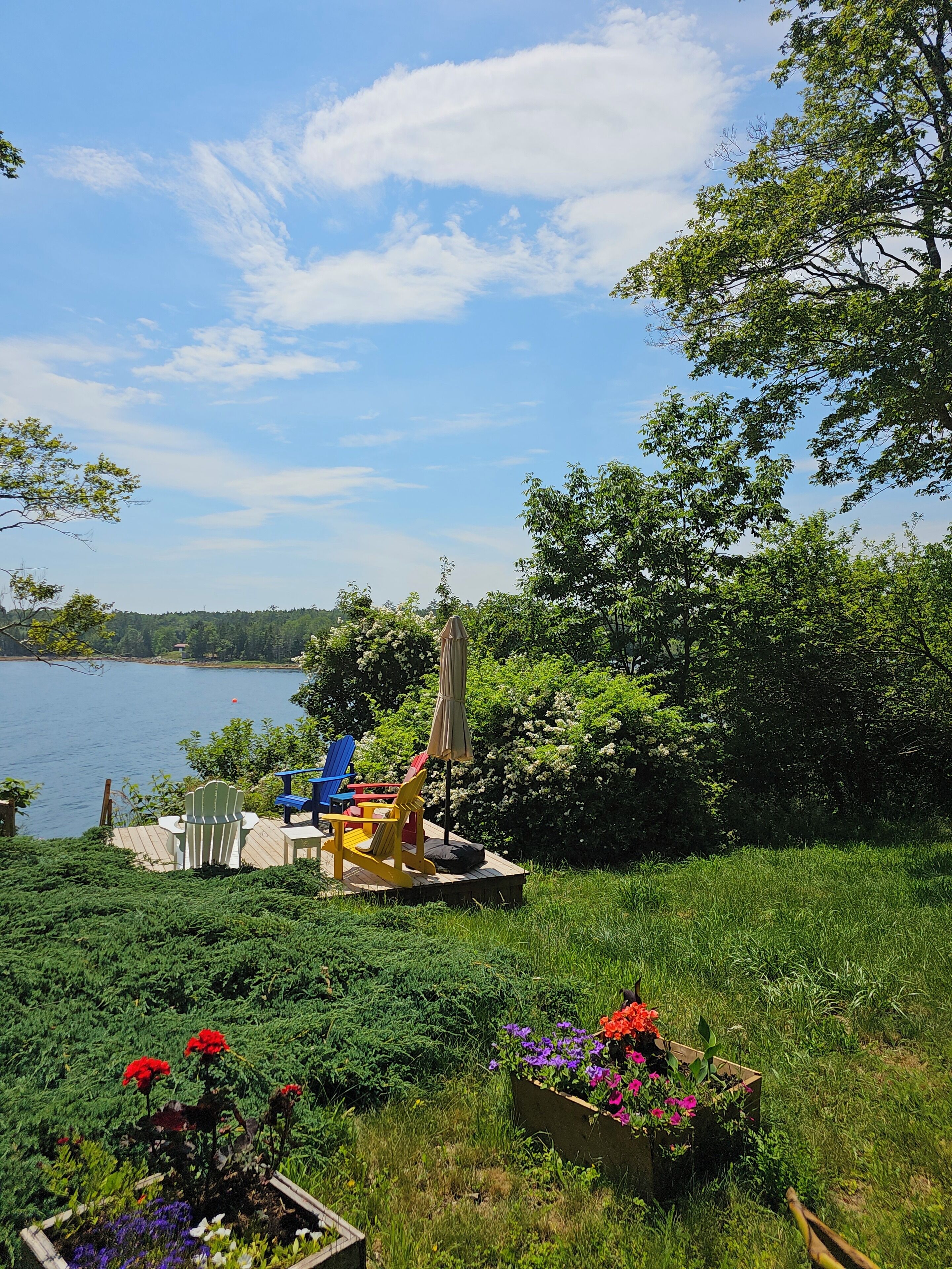 Une terrasse au bord du lac, aménagée avec du mobilier d’extérieur et des jardinières fleuries.