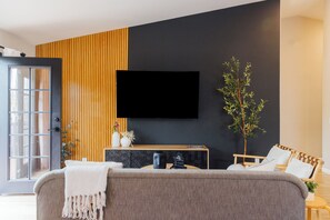 TV connectée, cheminée, livres
