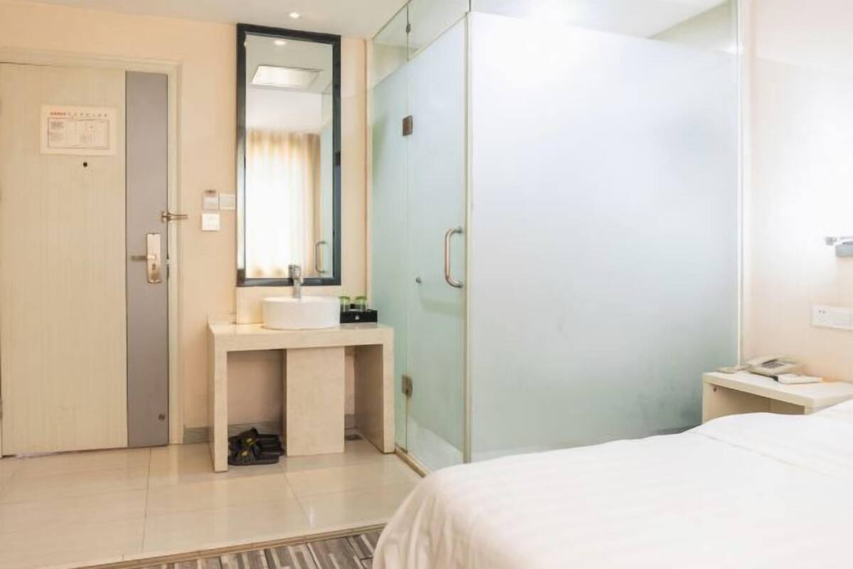 A hotel room with a bed, a sink, a mirror, and a wardrobe.