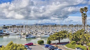 A marina with numerous boats docked, surrounded by palm trees and a clear sky.